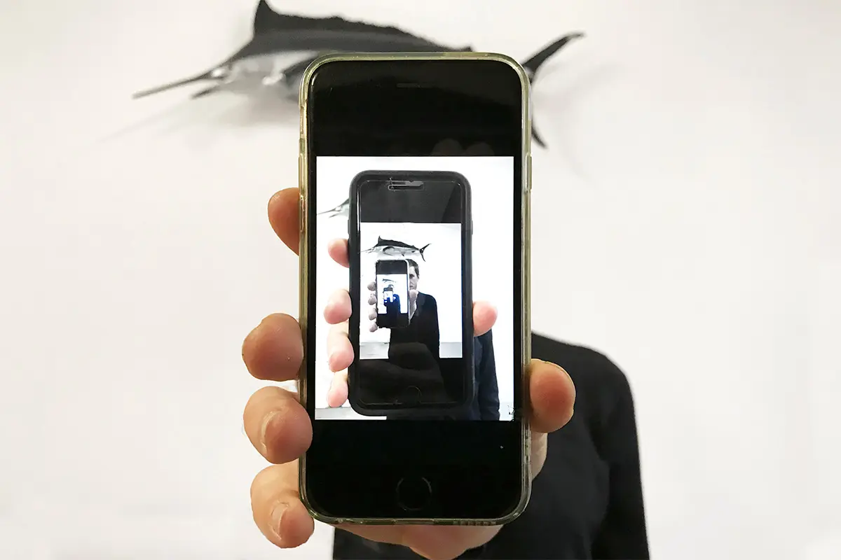 holding up a phone showing a photo of a photo of a selfie